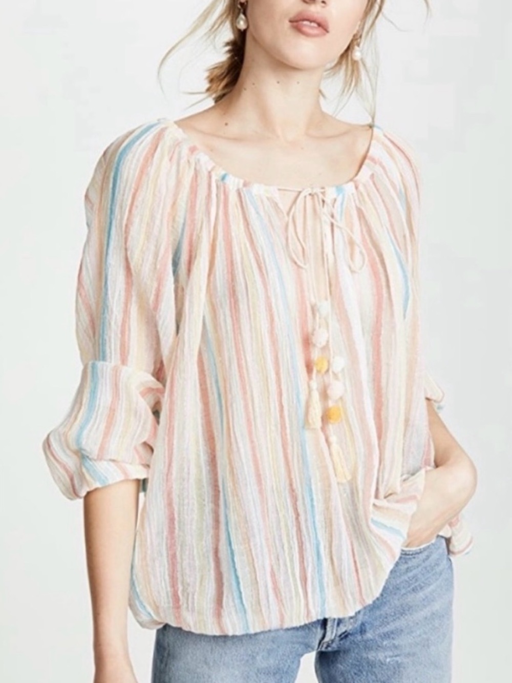 Mes Demoiselles Cream Multicolor Striped V-Neck Peasant Blouse - Picture 2 of 10